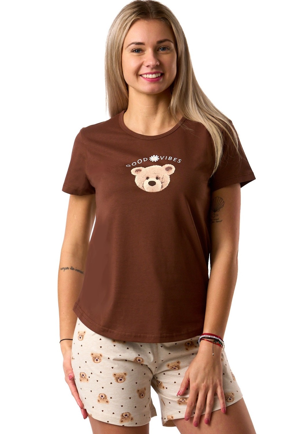 Dámské pyžamo, bavlněné, s medvídkem tmavě hnědé triko a béžové kraťasy