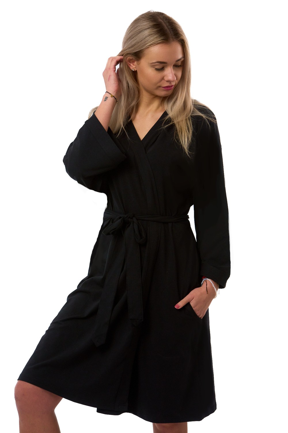 Župan dámský černý bavlněný s páskem pro plnoštíhlé