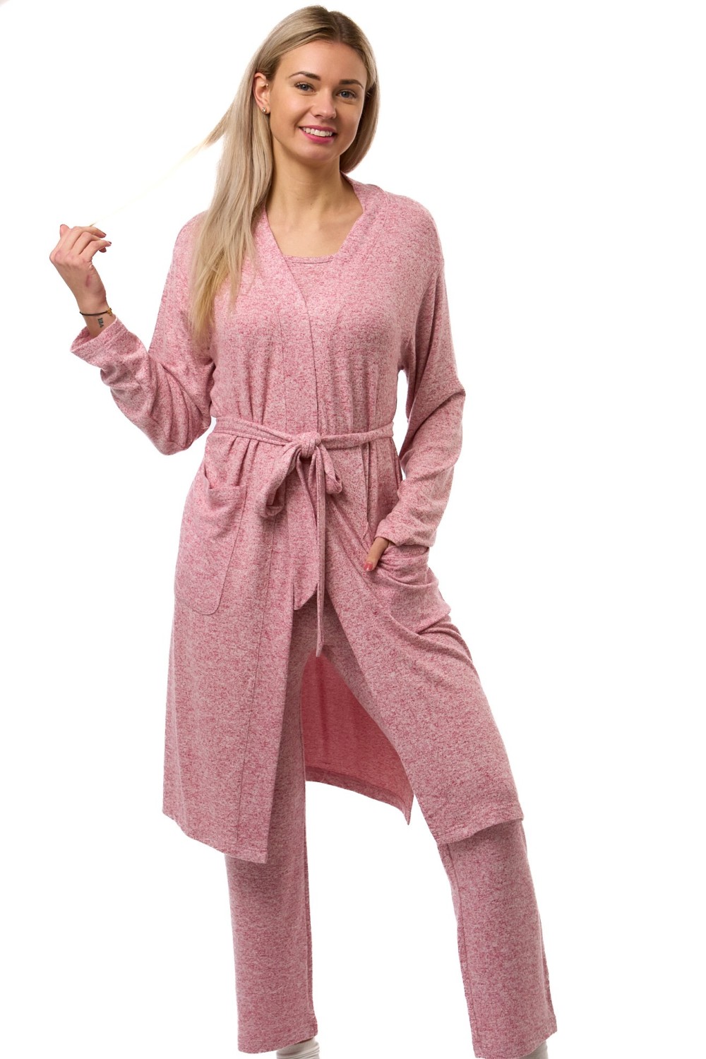 Růžový melírovaný komplet župan a pyžamo z pružného hřejivého materiálu