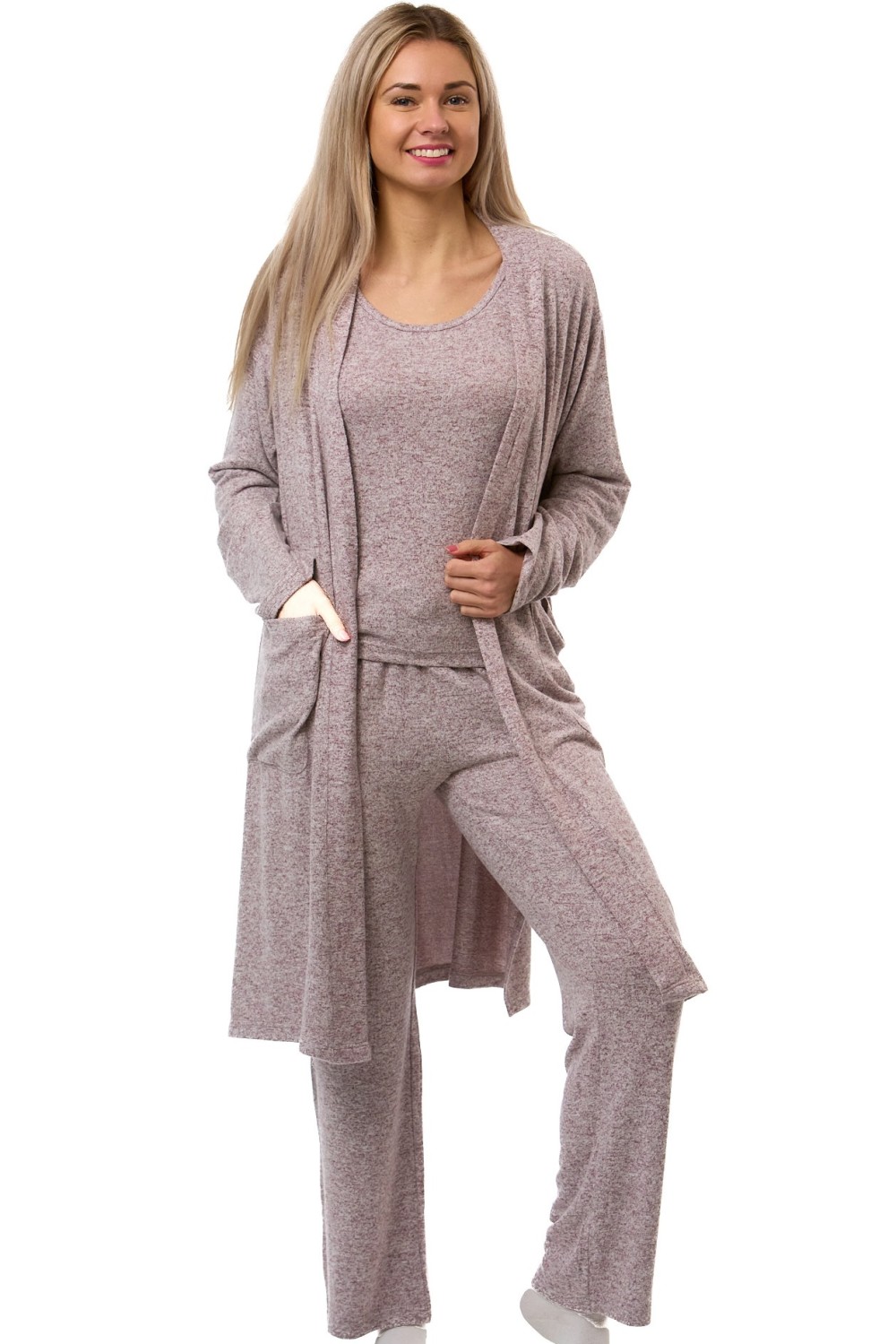 Hnědý melírovaný komplet župan a pyžamo z pružného hřejivého materiálu