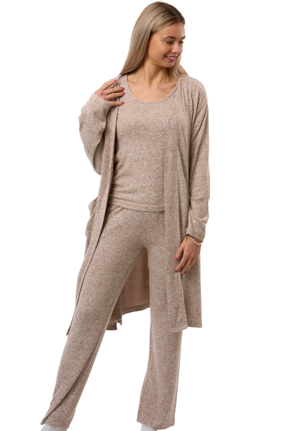 Béžový melírovaný komplet župan a pyžamo z jemného hřejivého materiálu