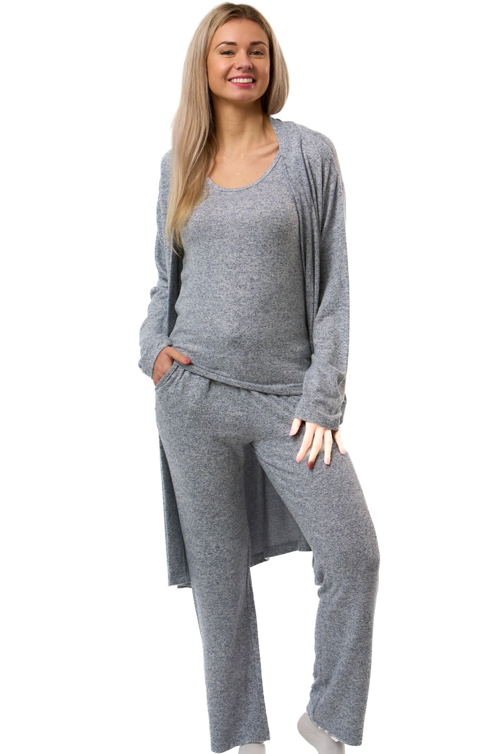 Modrý melírovaný komplet župan a pyžamo z luxusního hřejivého materiálu