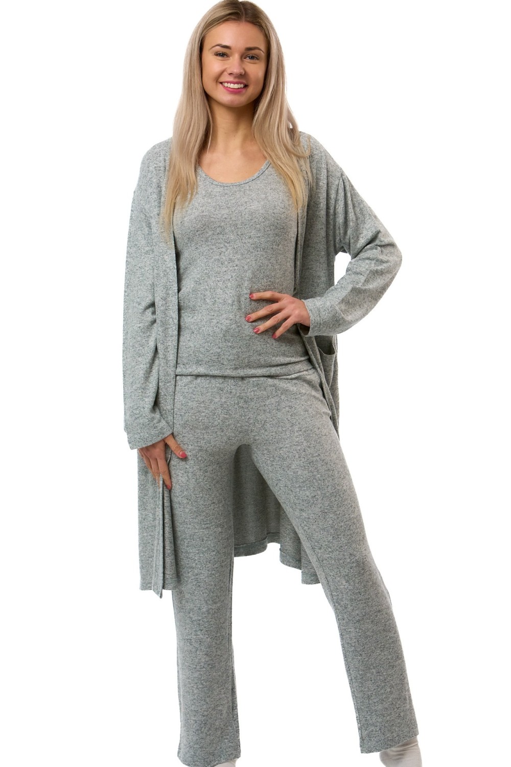 Šedý melírovaný komplet župan a pyžamo z hřejivého pružného materiálu