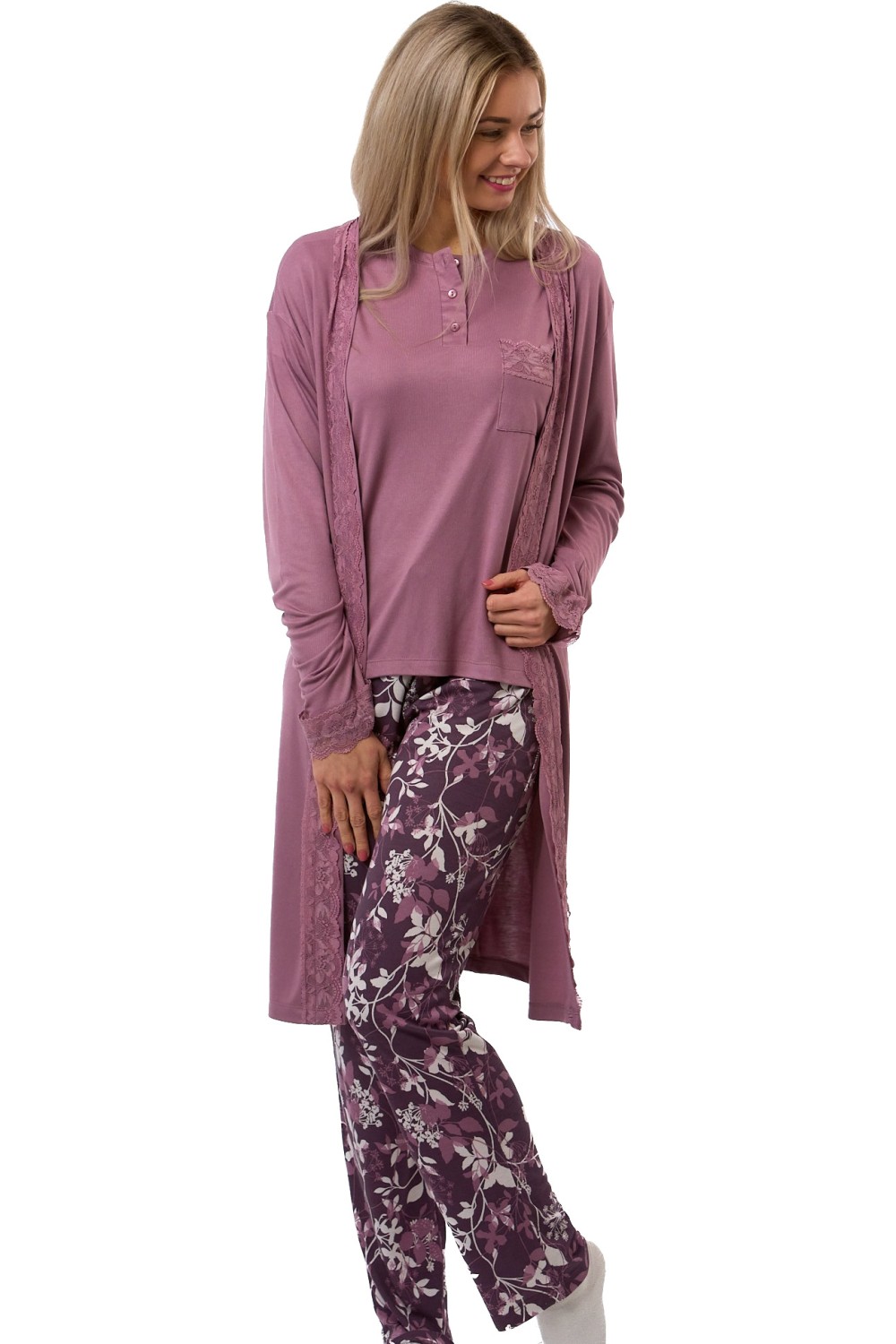 Bordó komplet župan a pyžamo s tmavě fialovými kalhotami a květy - luxusní
