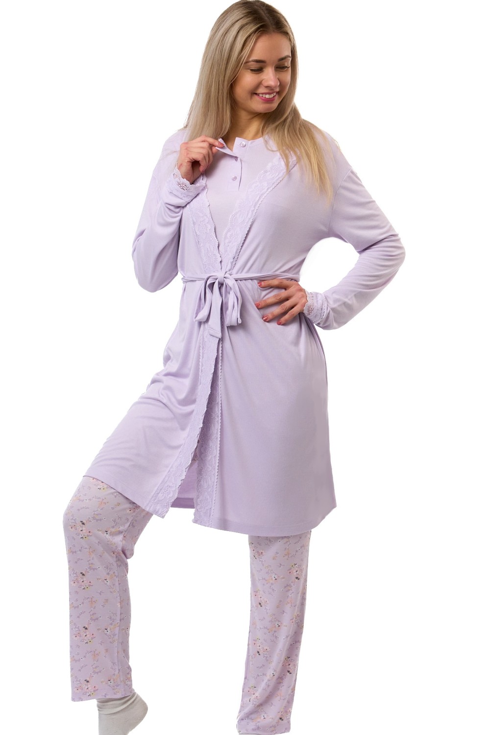 Světle fialový komplet župan a pyžamo se žlutorůžovými kvítky - luxusní