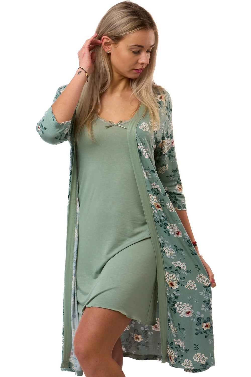 Zelený komplet – košilka a župan s tmavě zelenými listy a bílými květy - jemný a pružný