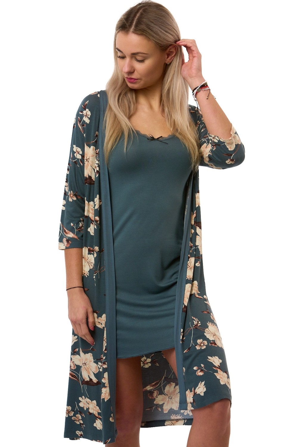 Košilka a župan v kompletu, tmavší zelená s hnědo béžovými květy, jemný pružný materiál