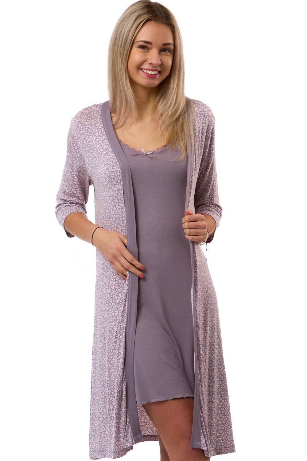 Košilka a župan v kompletu, fialová, šedá, s růžovými kytičkami