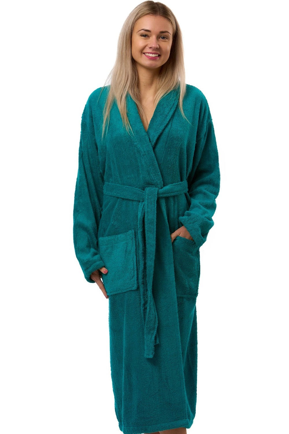 Dámský župan tmavě zelený, bavlna froté, se šálovým límcem
