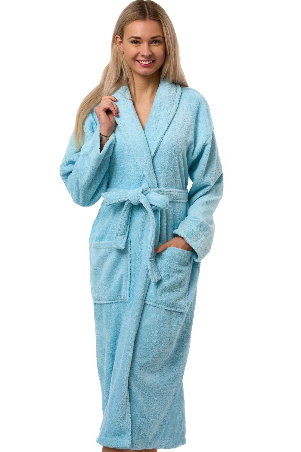 Dámský župan nebesky modrý, bavlna froté, se šálovým límcem