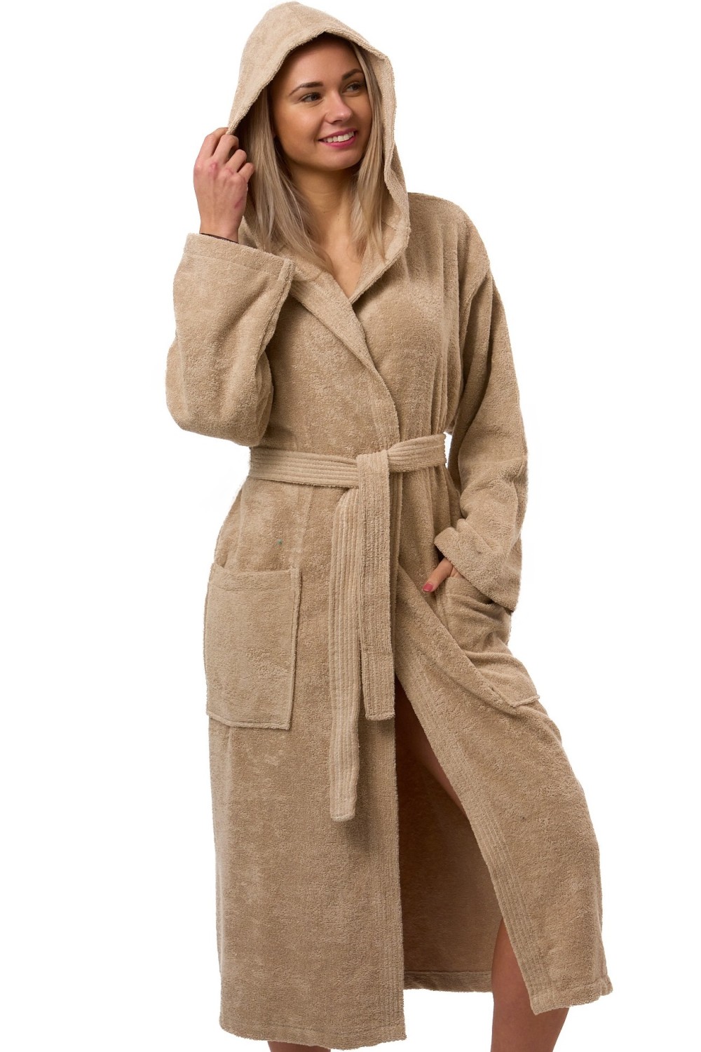 Dámský župan světle hnědý, bavlna froté, s kapucí a páskem