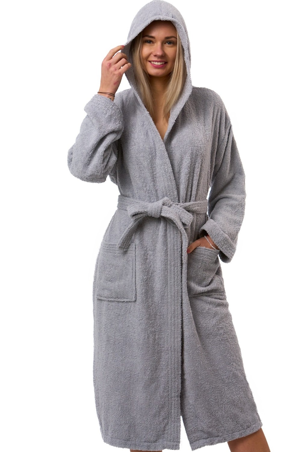Dámský župan světle šedý 100% bavlna froté s kapucí a páskem