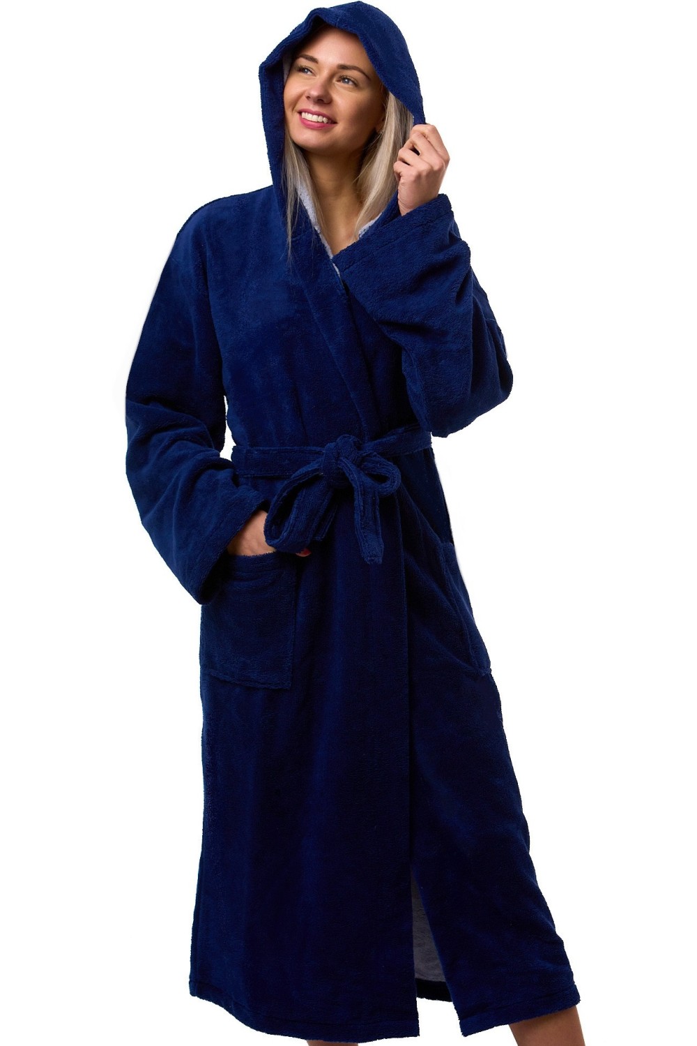 Dámský župan tmavě modrý, bavlna froté, s kapucí a páskem