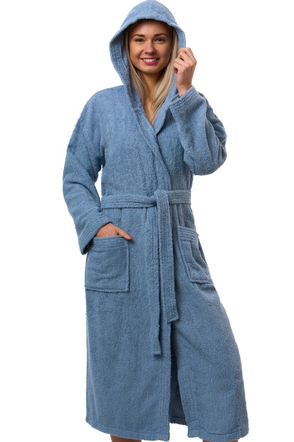Dámský župan modrý, bavlna froté, s kapucí a páskem