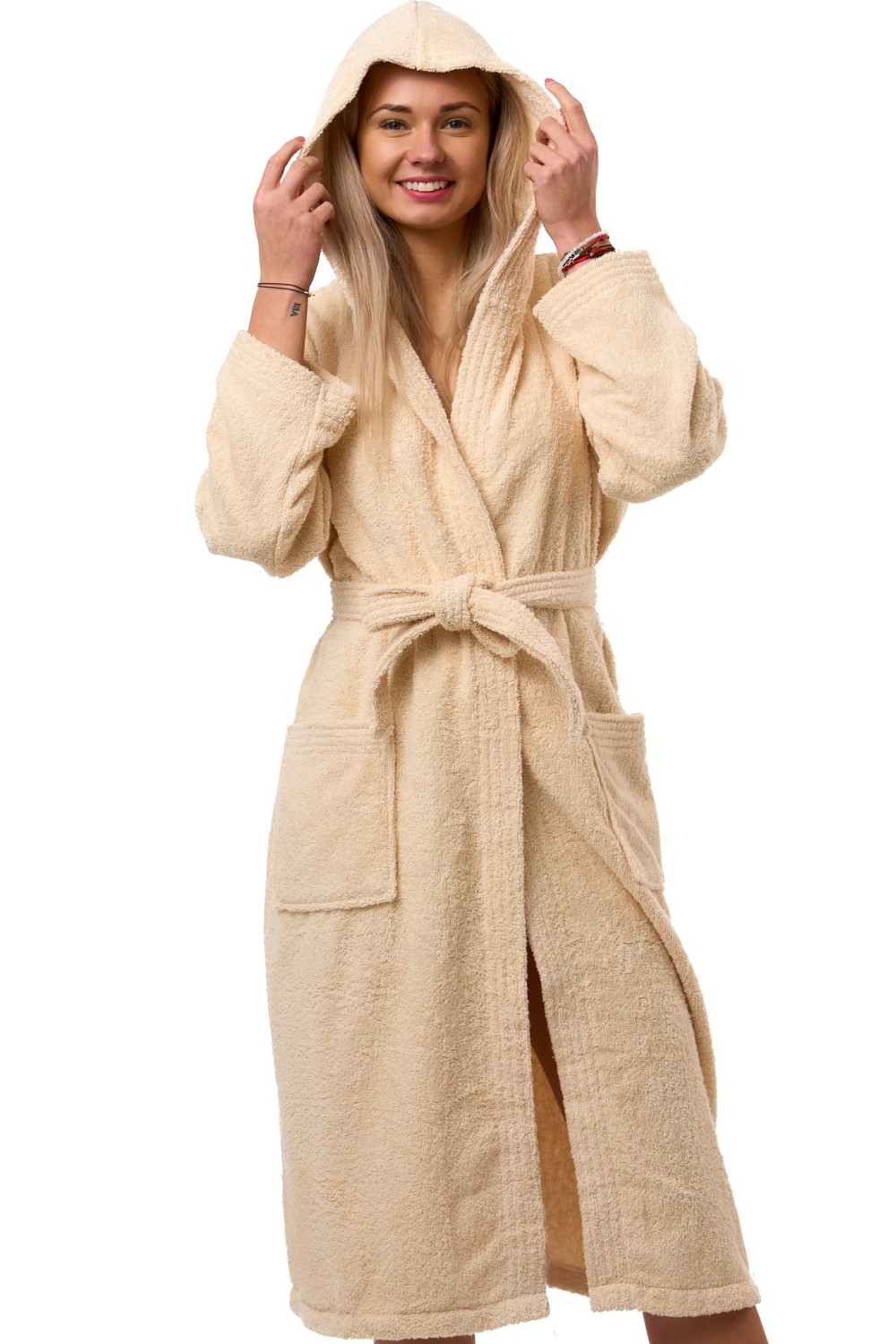 Dámský župan, froté bavlna,  béžový, s kapucí a páskem
