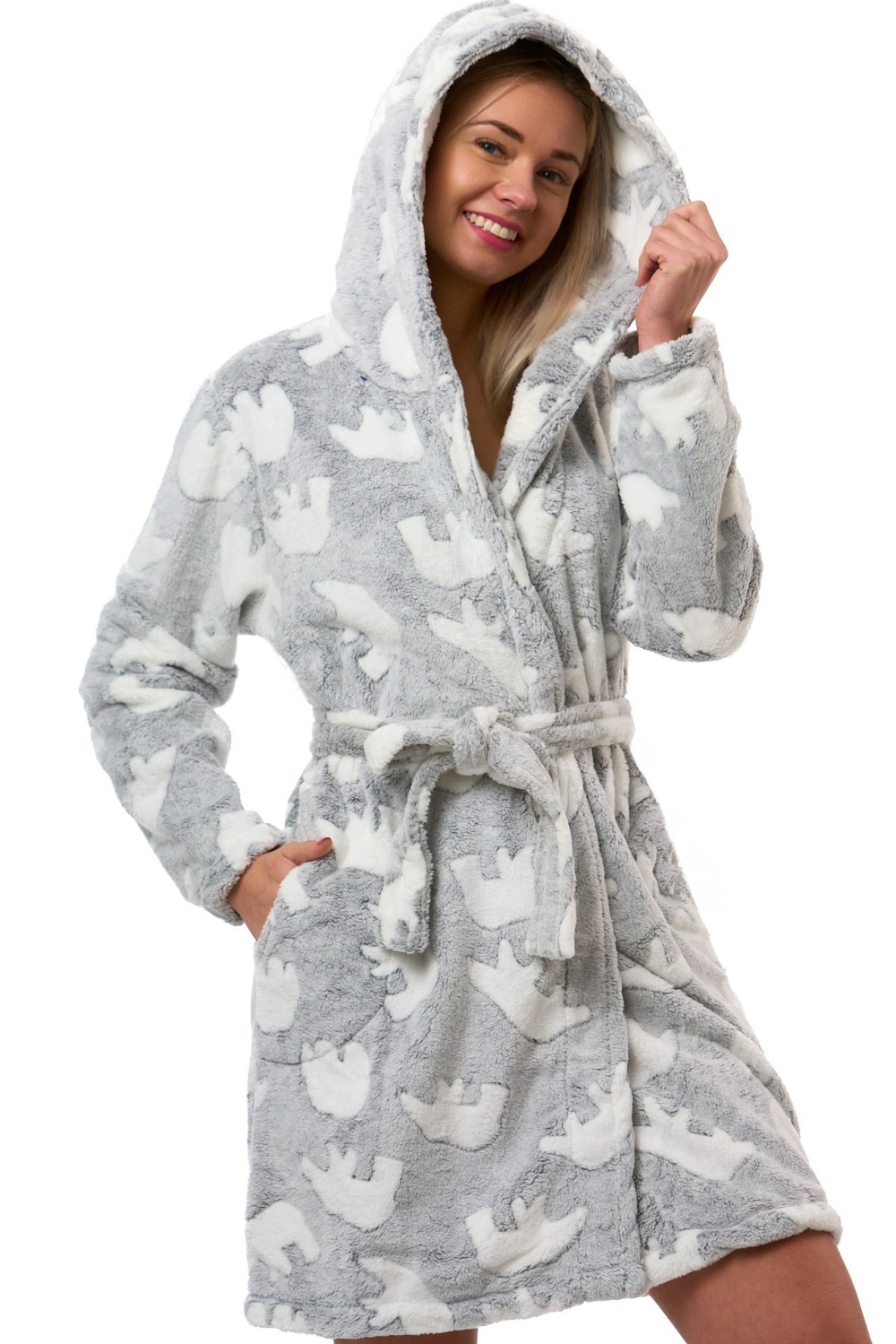 Župan dámský šedý melír s kapucí a vzorem ledních medvědů