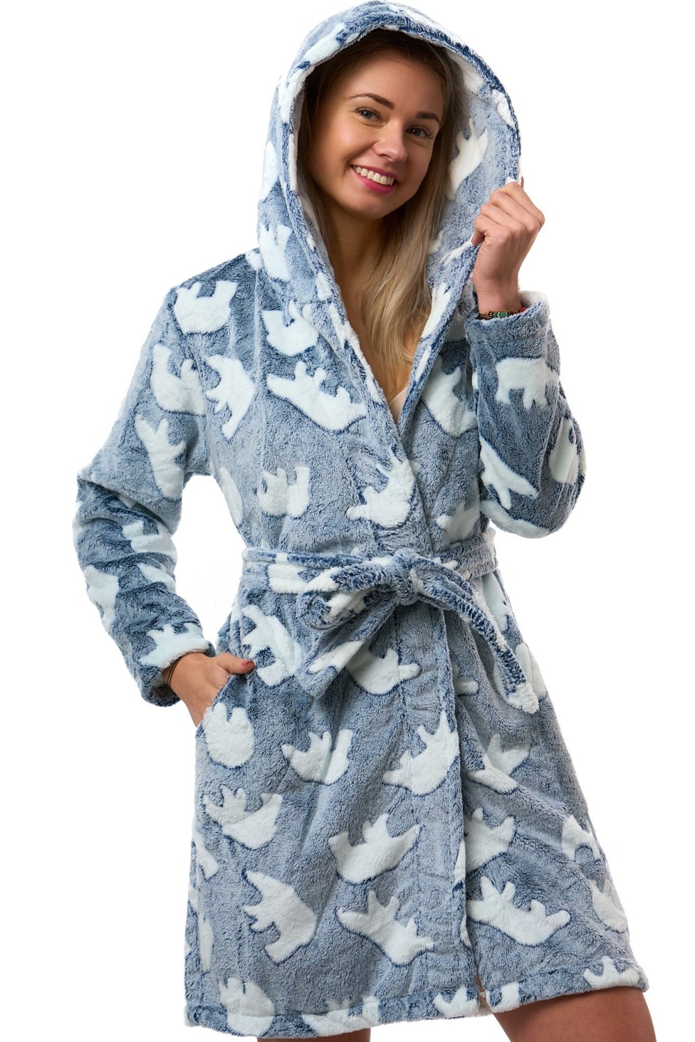 Župan dámský modrý melír s kapucí a vzorem ledních medvědů