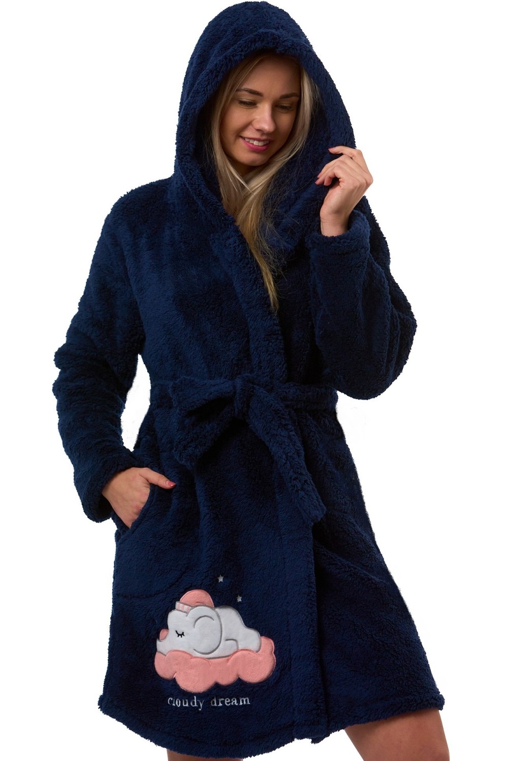 Župan dámský, tmavě modrý, s kapucí a motivem spícího slona