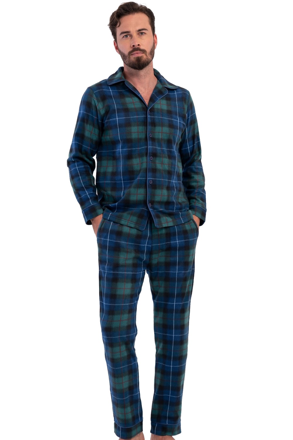 Pánské pyžamo teplé modré a zeleně kárované celopropínací