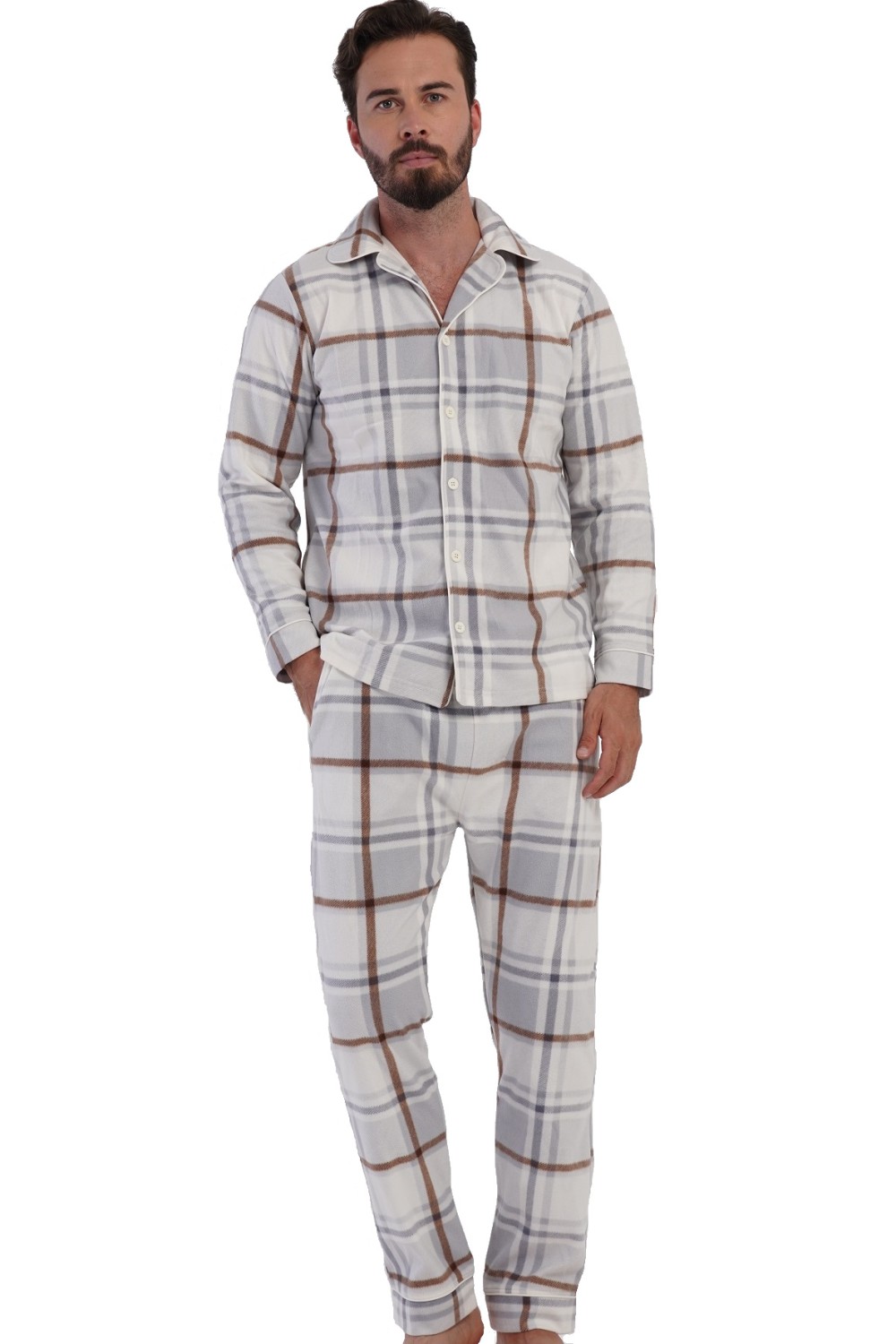 Pánské pyžamo teplé šedé kárované celopropínací, elegantní