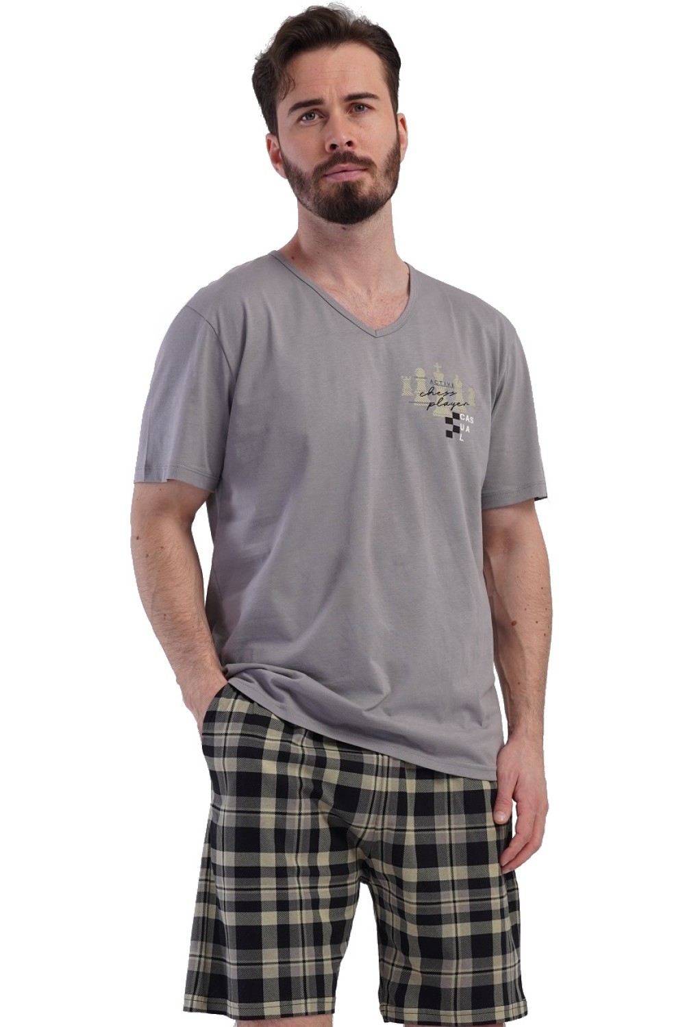 Pánské pyžamo 1XL–4XL se šachovým motivem a károvanými kraťasy