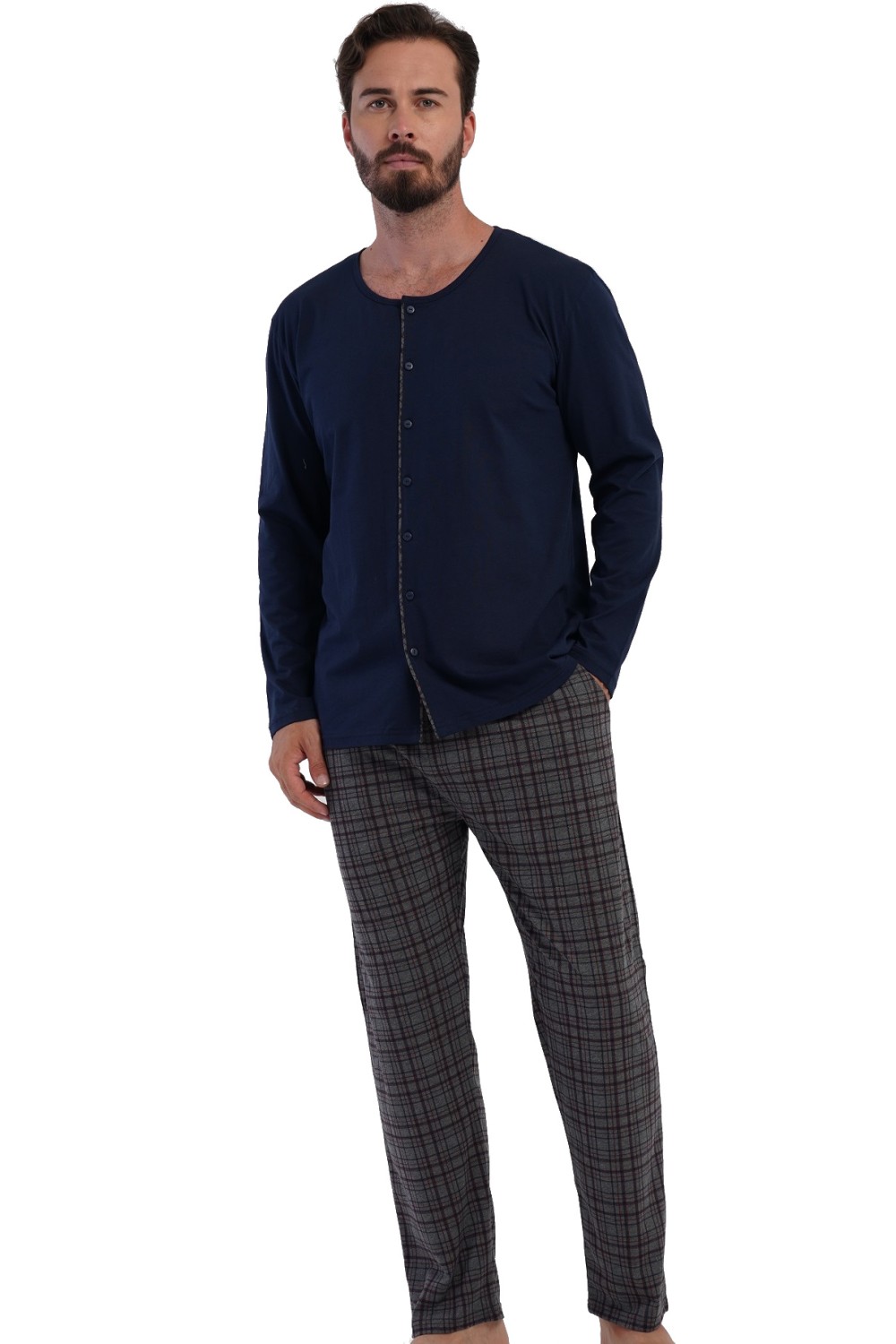 Pánské pyžamo modré pro plnoštíhlé celopropínací kárované