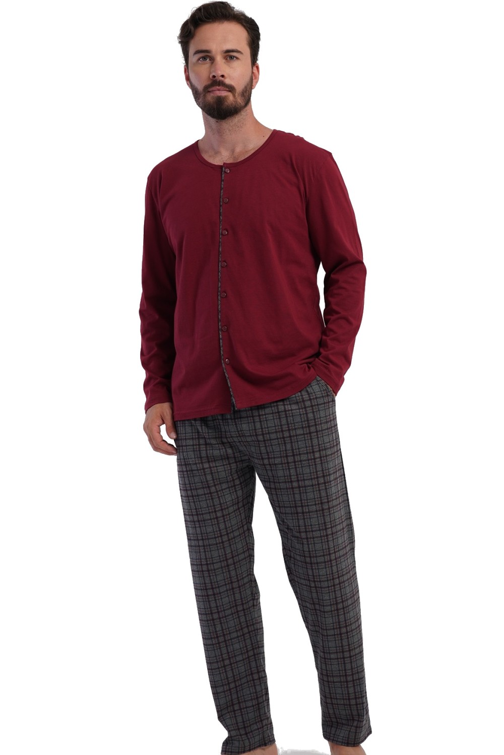 Pánské pyžamo vínové pro plnoštíhlé celopropínací kárované