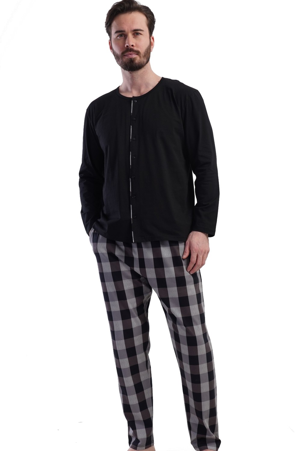 Pánské pyžamo bavlněné černé pro plnoštíhlé celopropínací kostkované