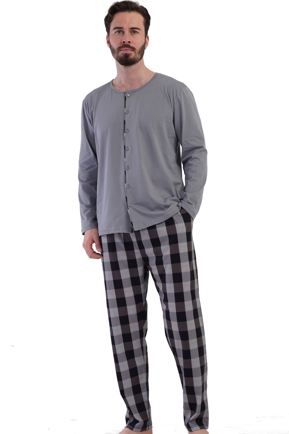 Pánské pyžamo šedé bavlněné s kostkovanými kalhotami pro plnoštíhlé