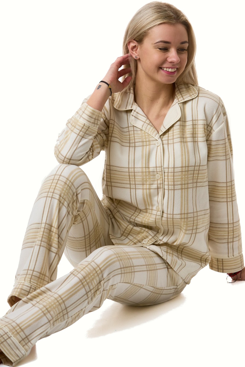 Pyžamo dámské teplé hřejivé přírodní béžové káry