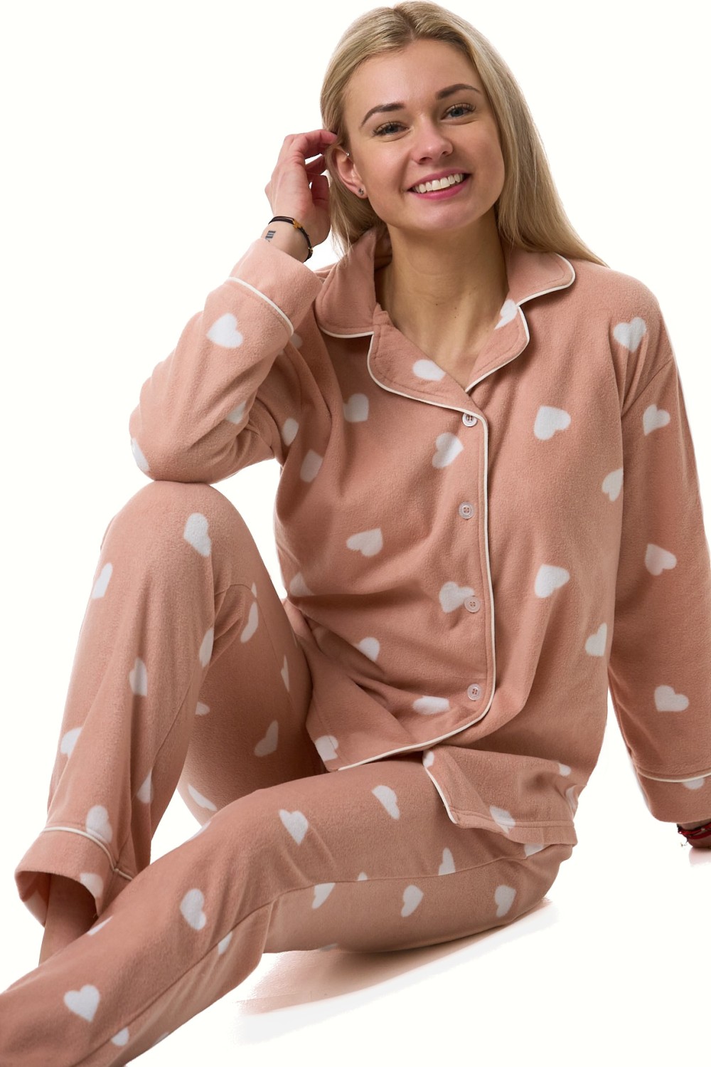 Pyžamo dámské teplé hřejivé starorůžové srdíčka