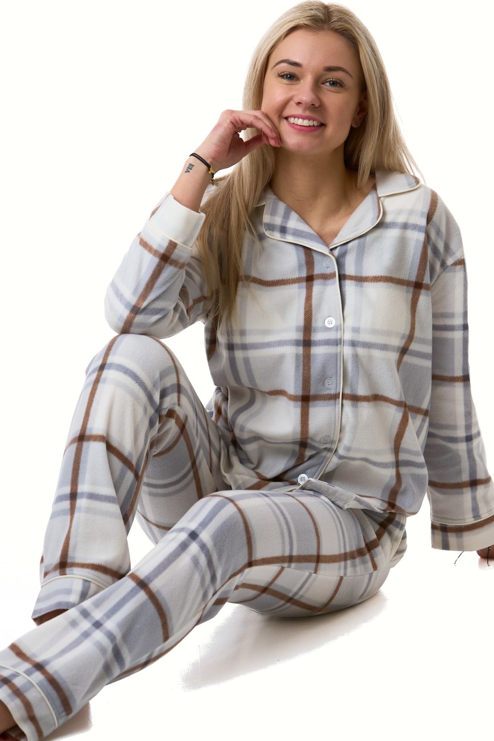 Pyžamo dámské teplé hřejivé světle šedé káro