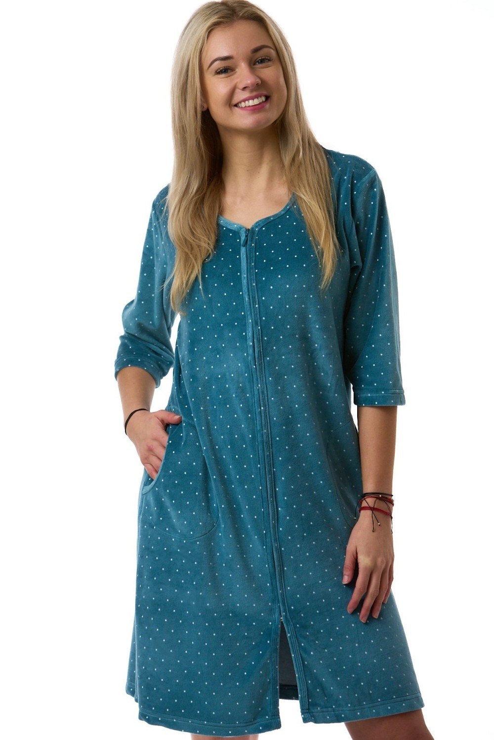 Dámský župan na zip z luxusního sametu, welur, azurová tmavá