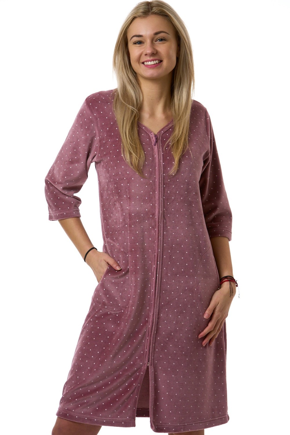 Dámský župan na zip z luxusního sametu, welur, starorůžová tmavá