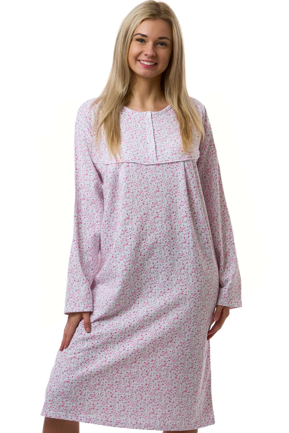 Dámská noční košile teplá bavlněná růžové kytičky pro plnoštíhlé ženy