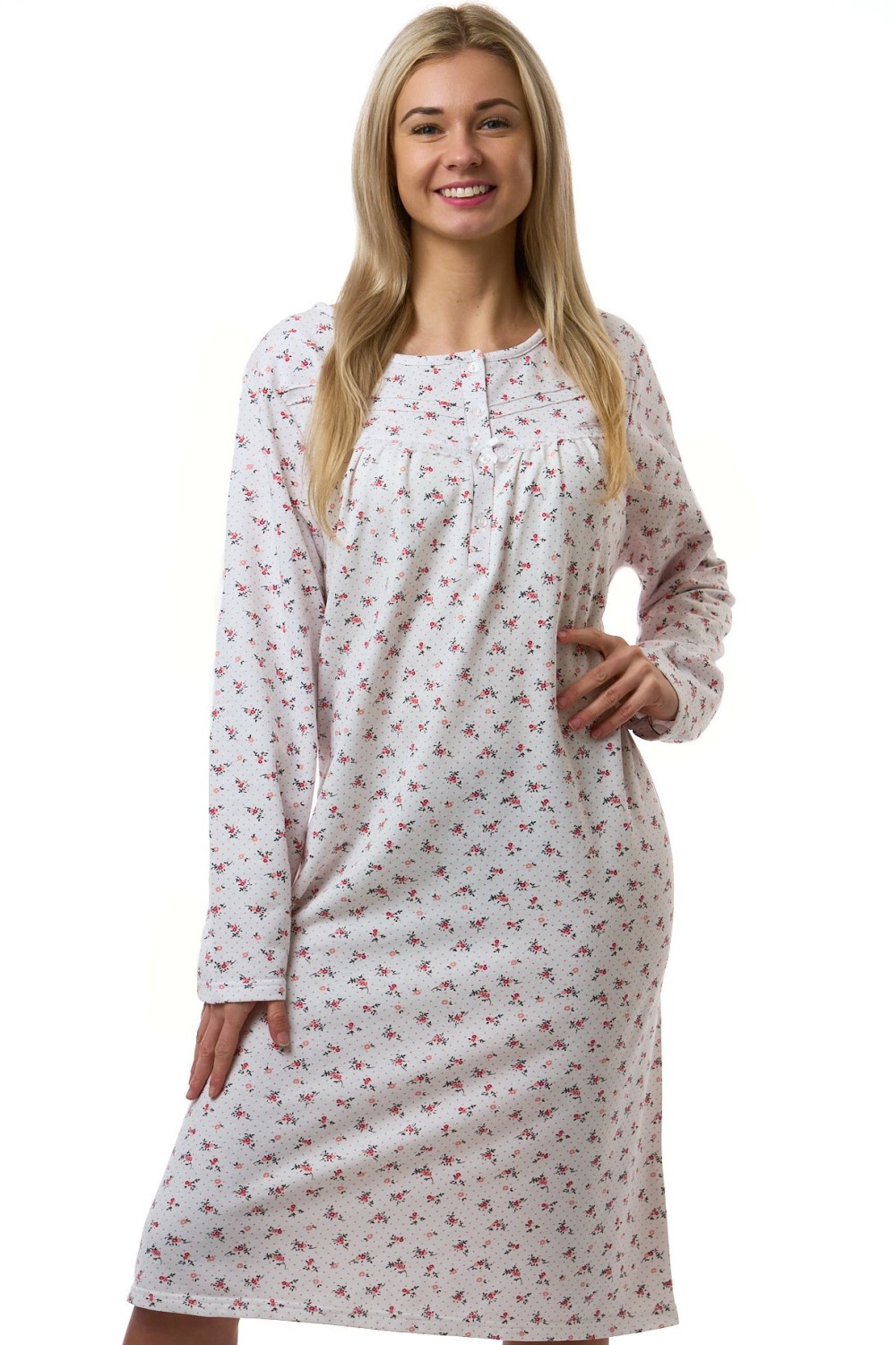 Dámská noční košile teplá korálově červené květiny i puntíky pro plnoštíhlé ženy