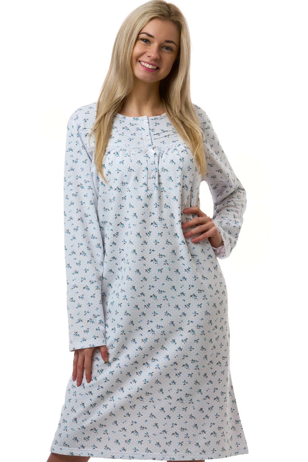 Dámská noční košile teplá modré květiny puntíky 