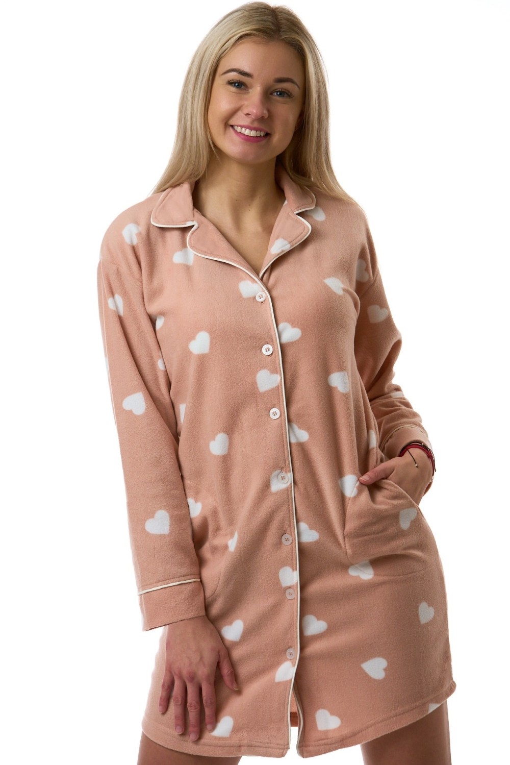 Dámská noční košile starorůžová bílá srdíčka jemná hřejivá