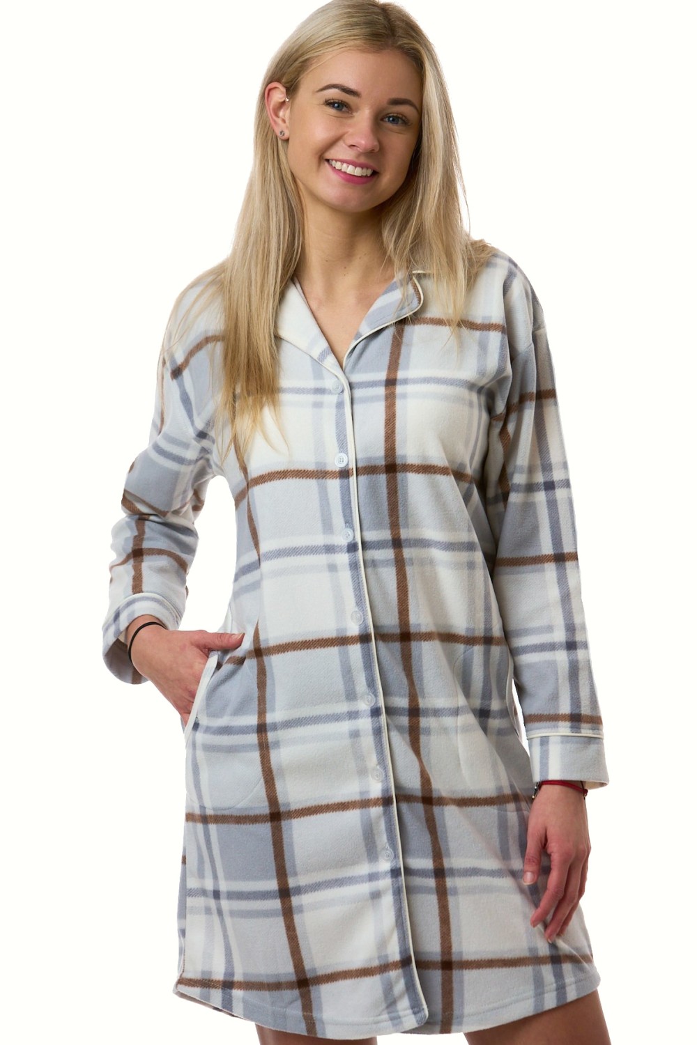 Dámská noční košile světle šedá hnědé káro hřejivá