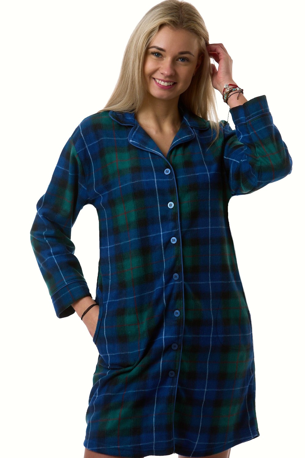 Dámská noční košile modrá zelená károvaná hřejivá