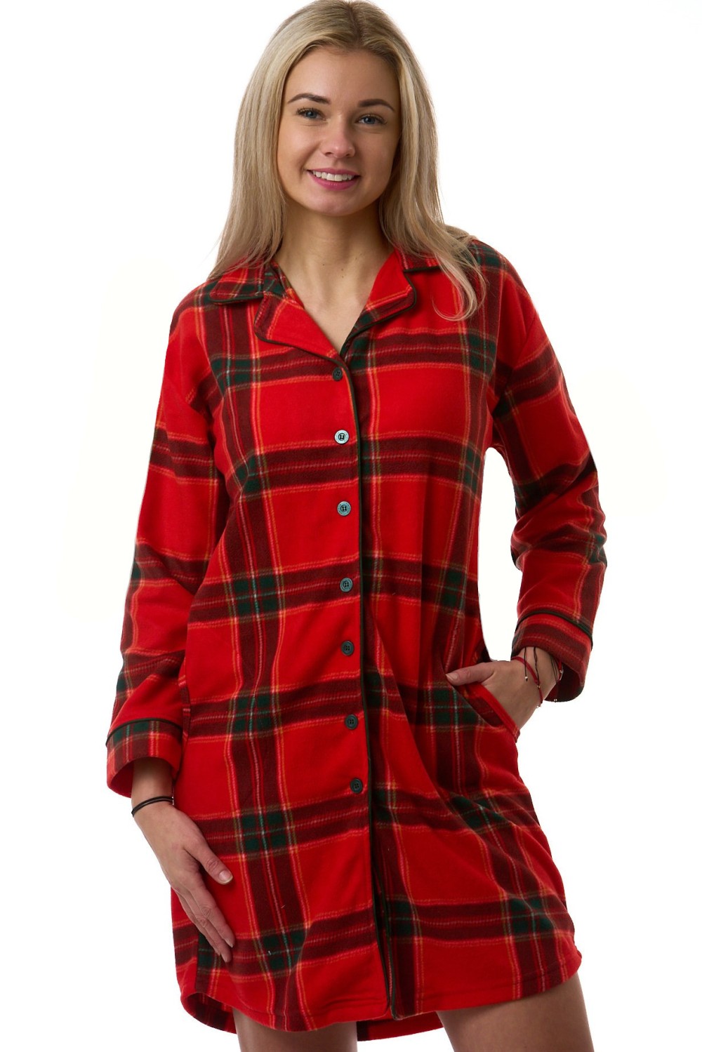 Dámská noční košile červená károvaná hřejivá pohodlná