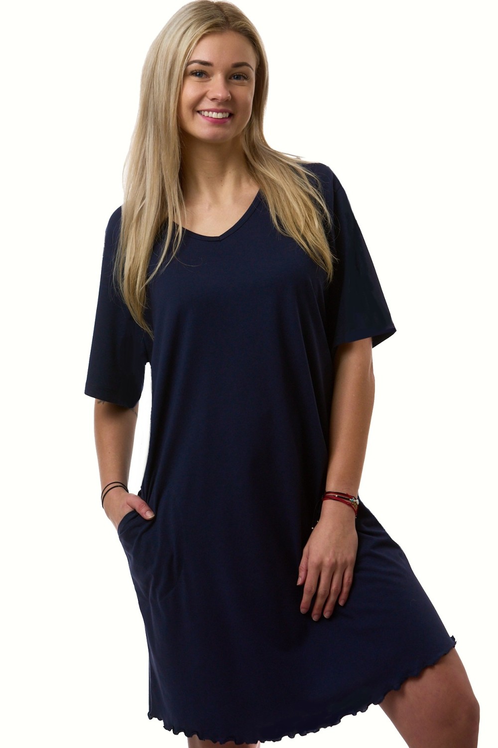 Dámská noční košilka tmavě modrá s kapsami pro plnoštíhlé
