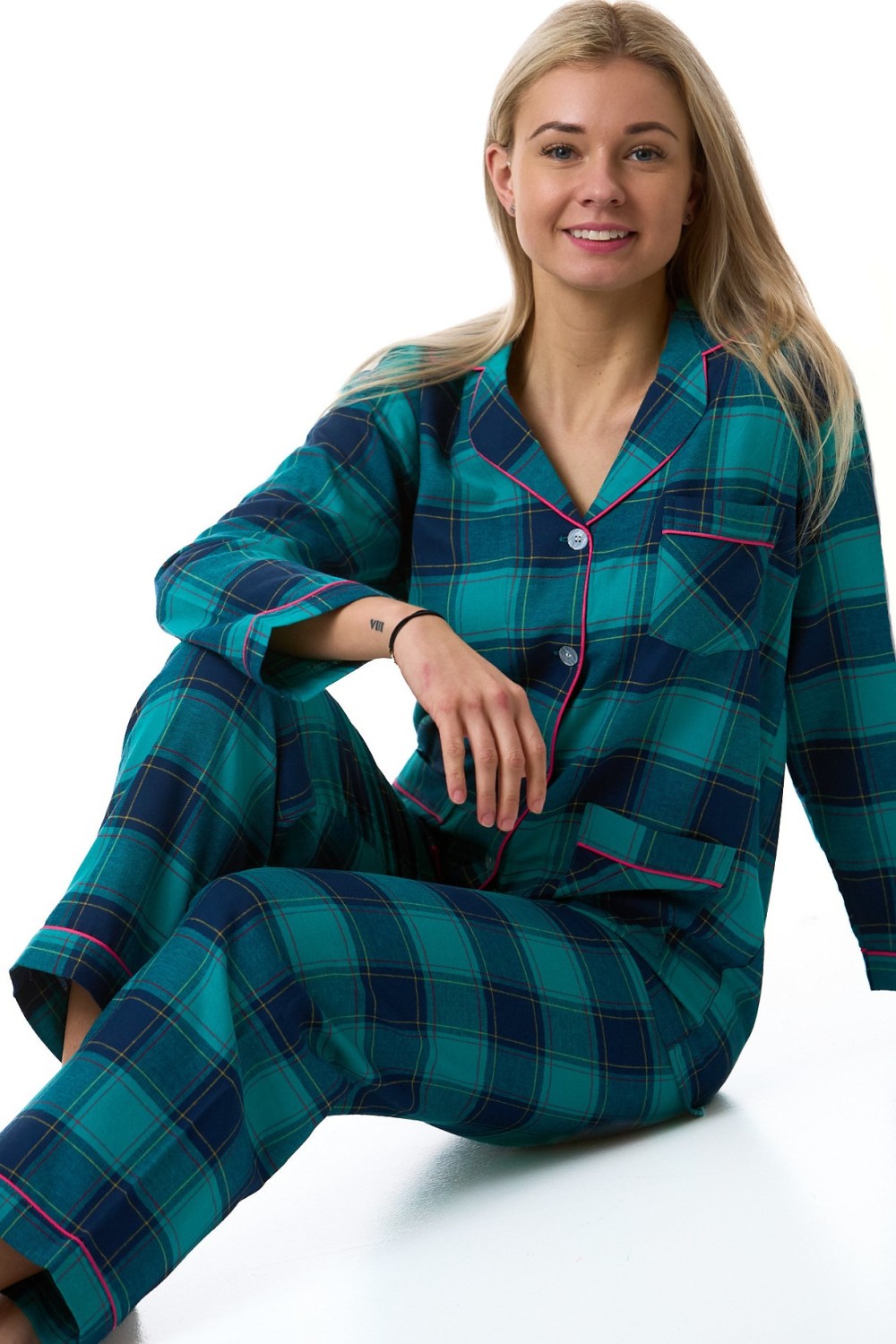 Pyžamo dámské teplý flanel zelené modré káro