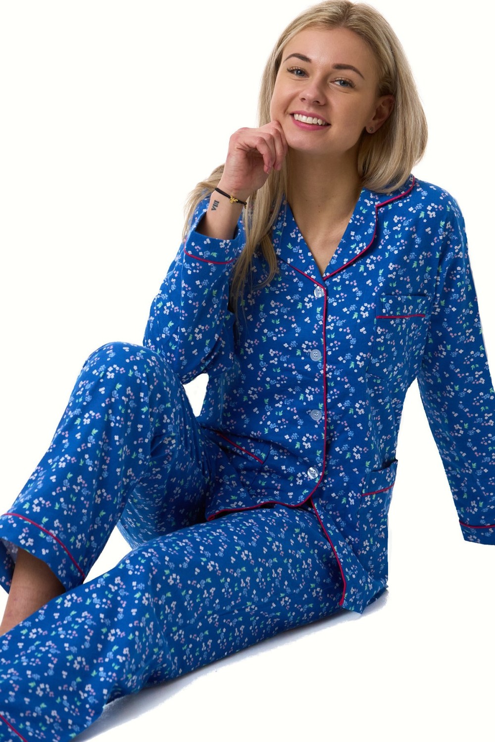 Pyžamo dámské teplý flanel modré květiny