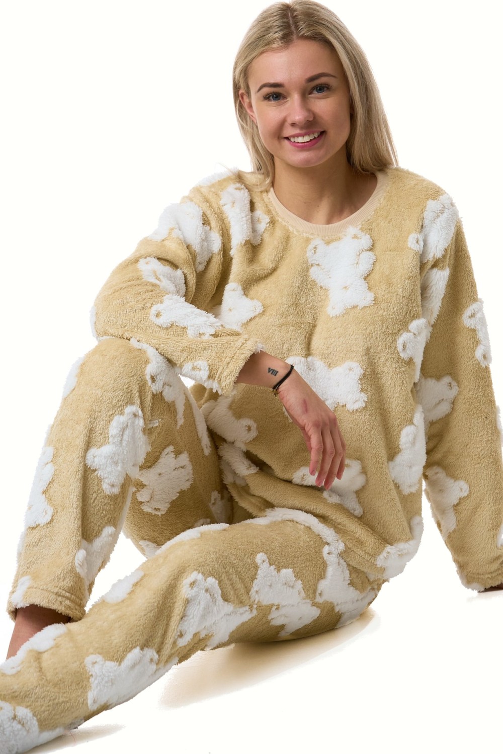 Pyžamo dámské soft huňaté hřejivé béžové medvědi