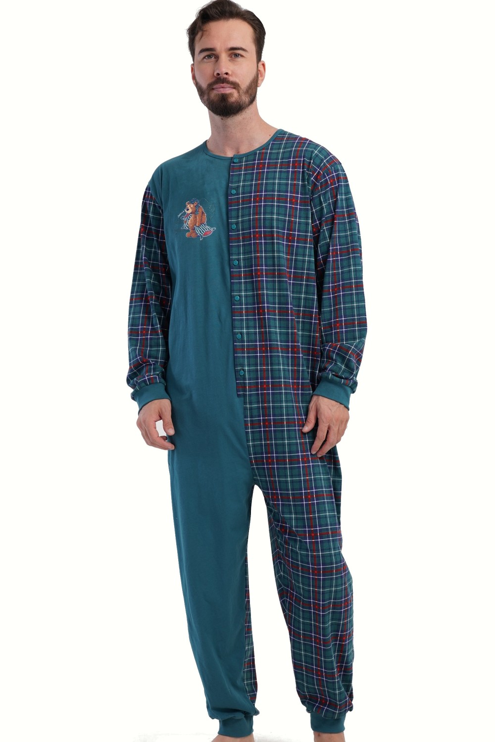 Pánský bavlněný overal s medvědem zelená varianta