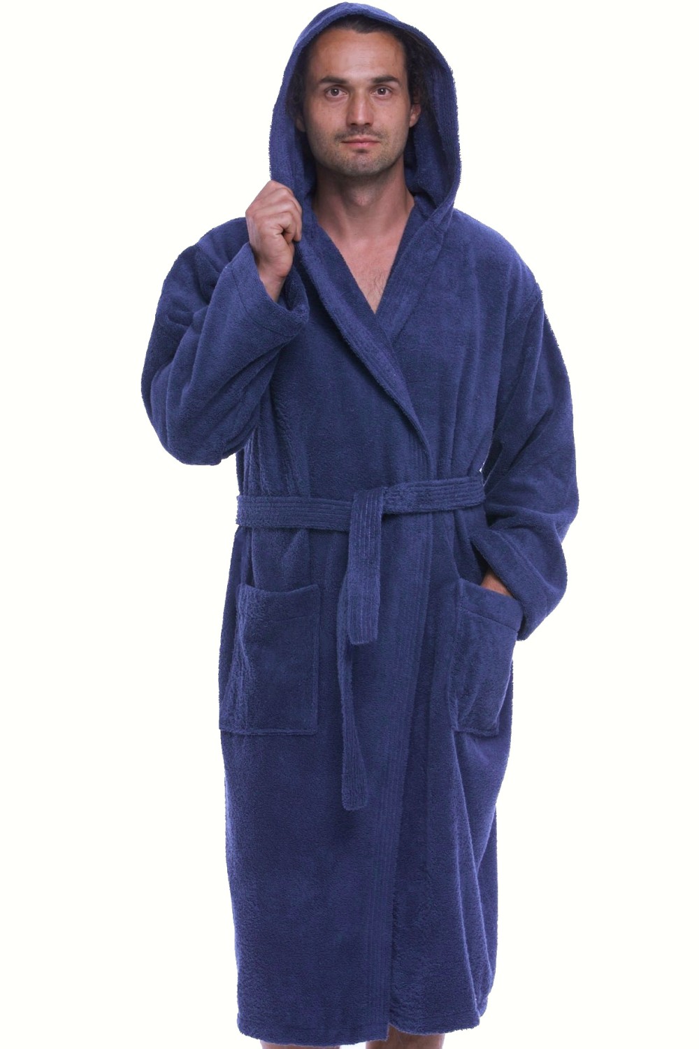 Modrý pánský froté župan s kapucí – 100% bavlna, silná gramáž, kapsy